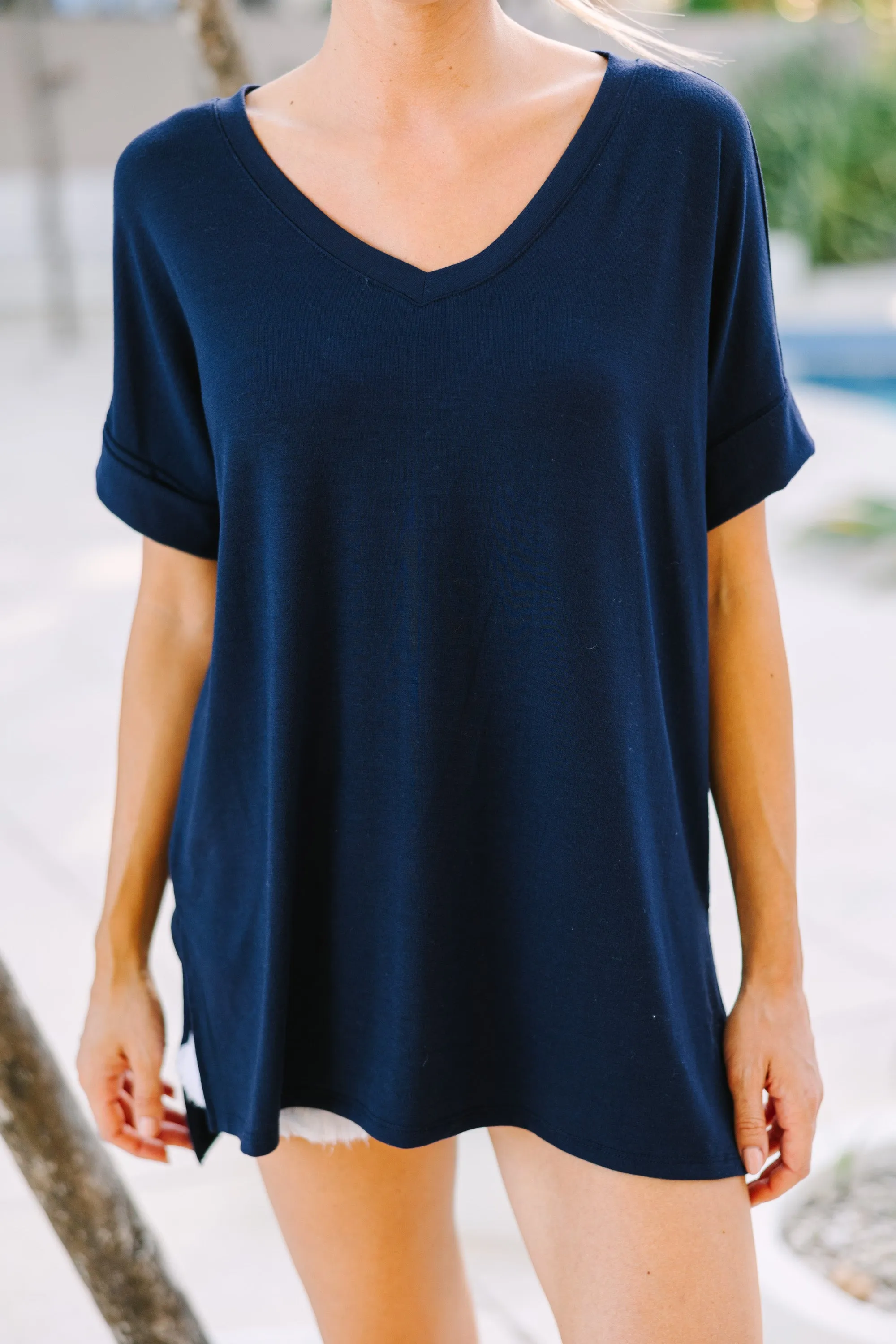 Make Your Life Easy Navy Blue V-neck Top