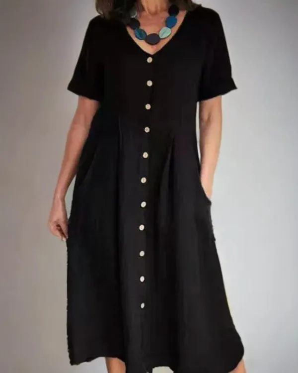 Marina - Loose linen dress with pointed neckline