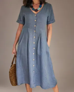 Marina - Loose linen dress with pointed neckline