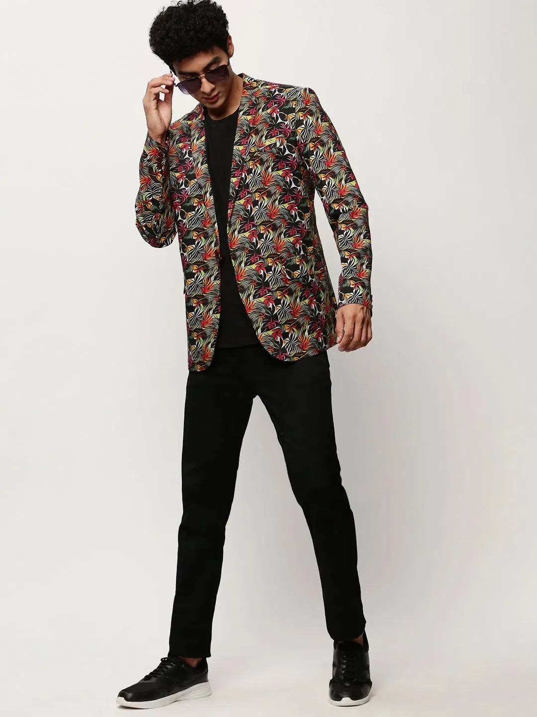 Men Black Printed Casual Blazers-SOBLZ-080-5-Black