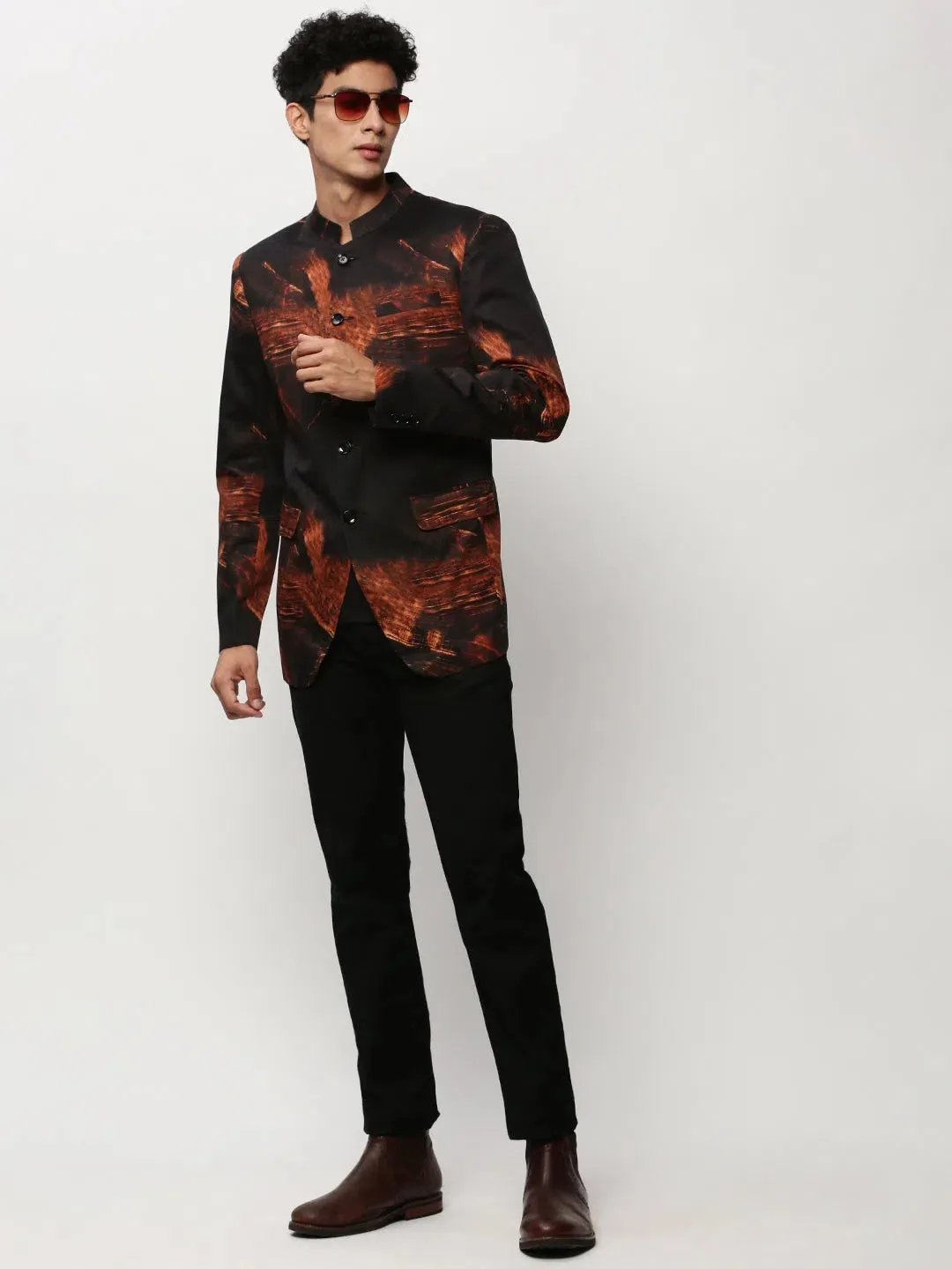 Men Black Printed Casual Blazers-SOBLZ-083-8-Black