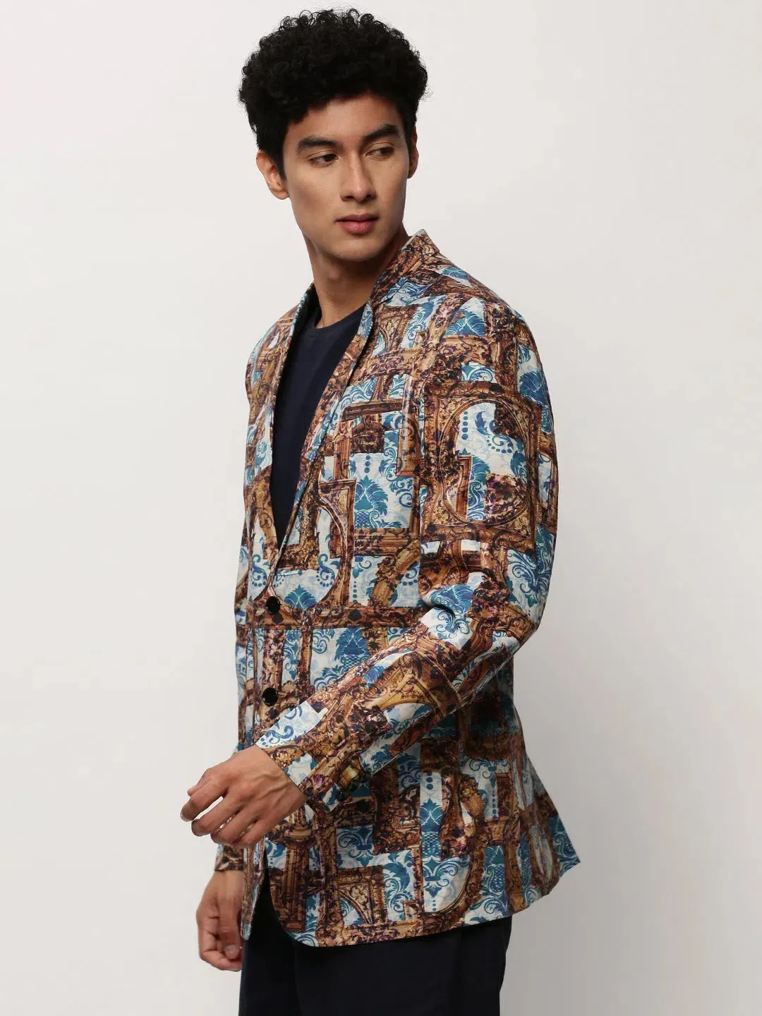 Men Brown Printed Casual Blazers-SOBLZ-082-2-Brown