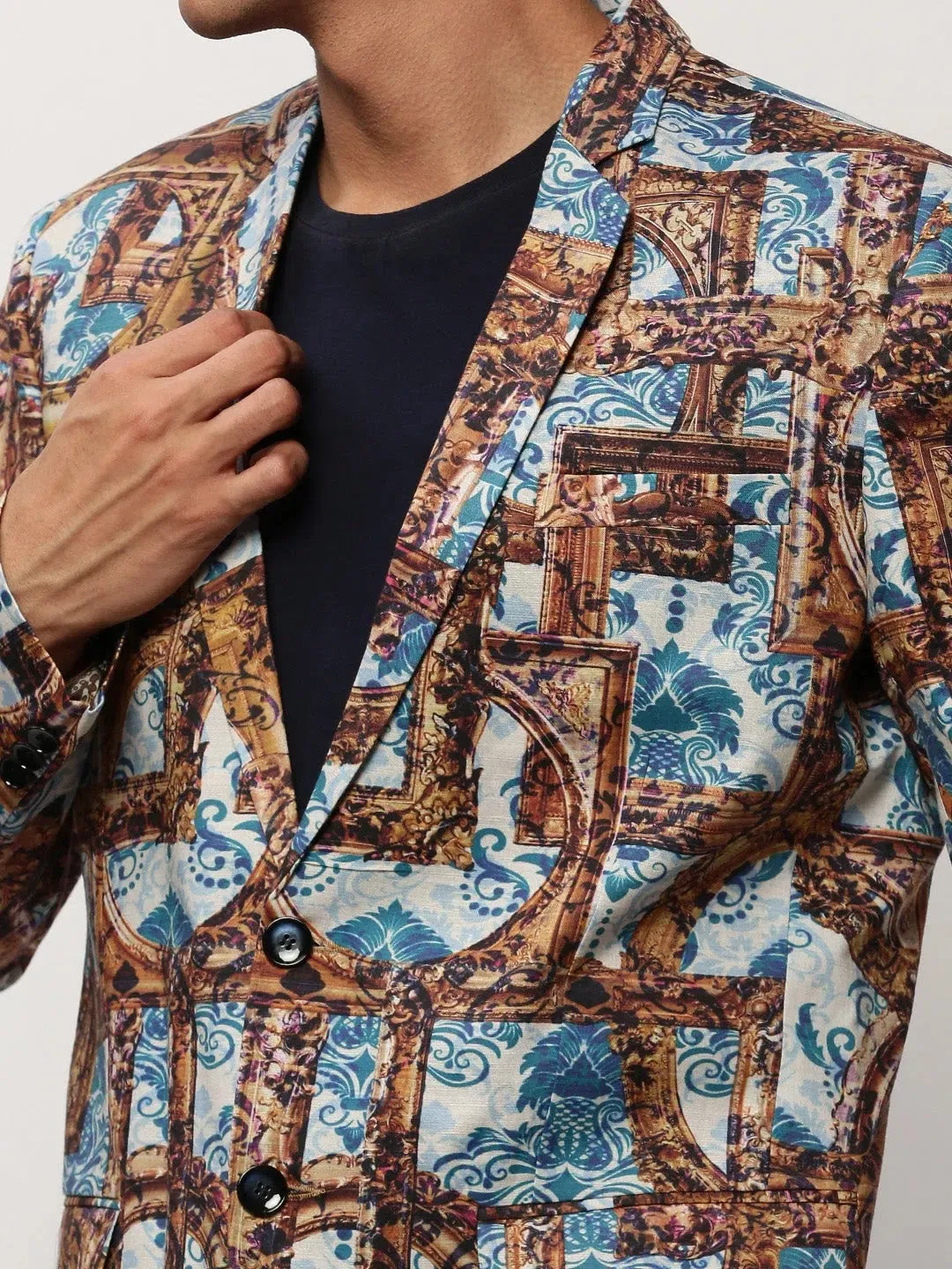 Men Brown Printed Casual Blazers-SOBLZ-082-2-Brown