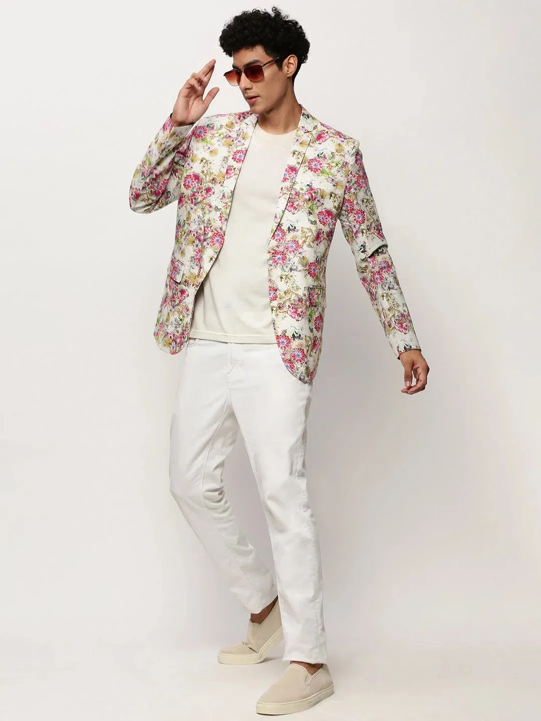 Men White Printed Casual Blazers-SOBLZ-082-8-Offwhite