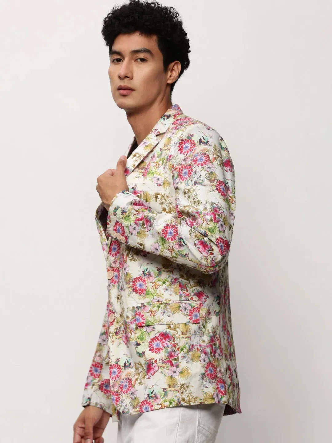 Men White Printed Casual Blazers-SOBLZ-082-8-Offwhite