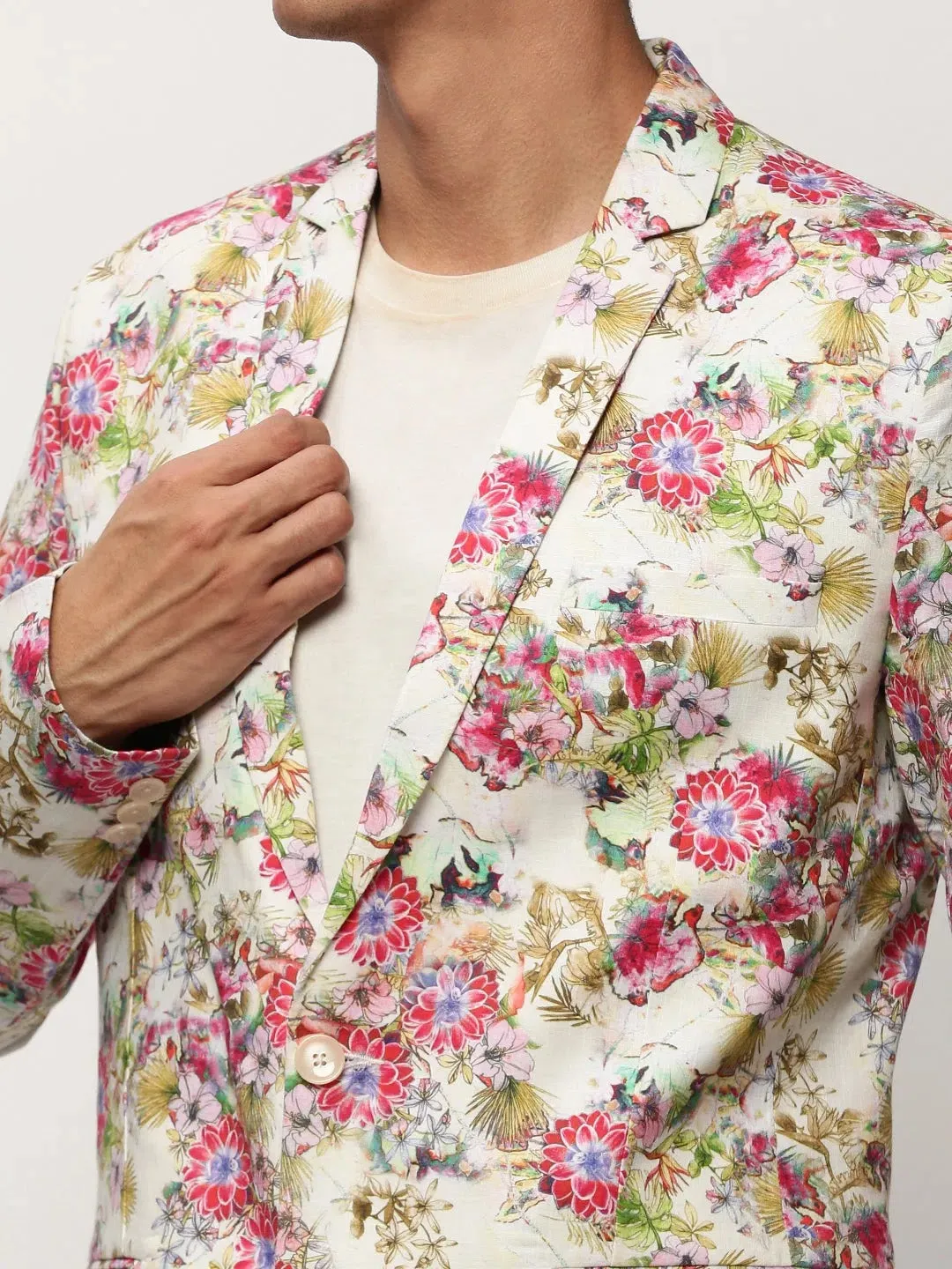 Men White Printed Casual Blazers-SOBLZ-082-8-Offwhite