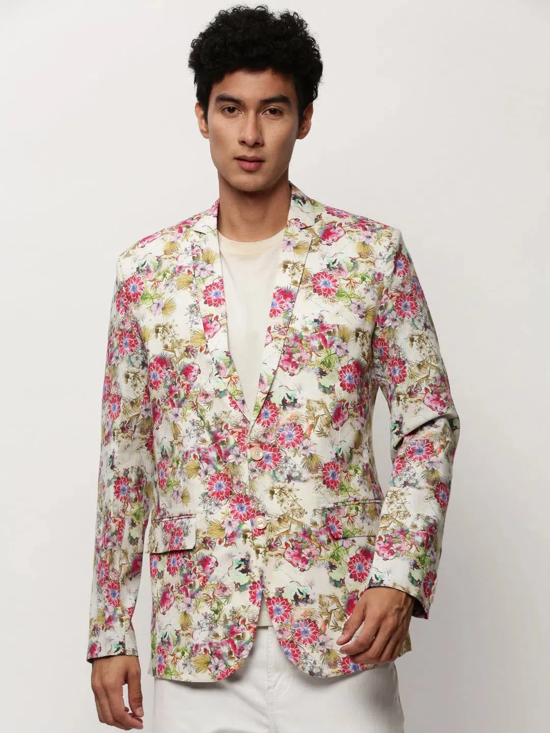 Men White Printed Casual Blazers-SOBLZ-082-8-Offwhite