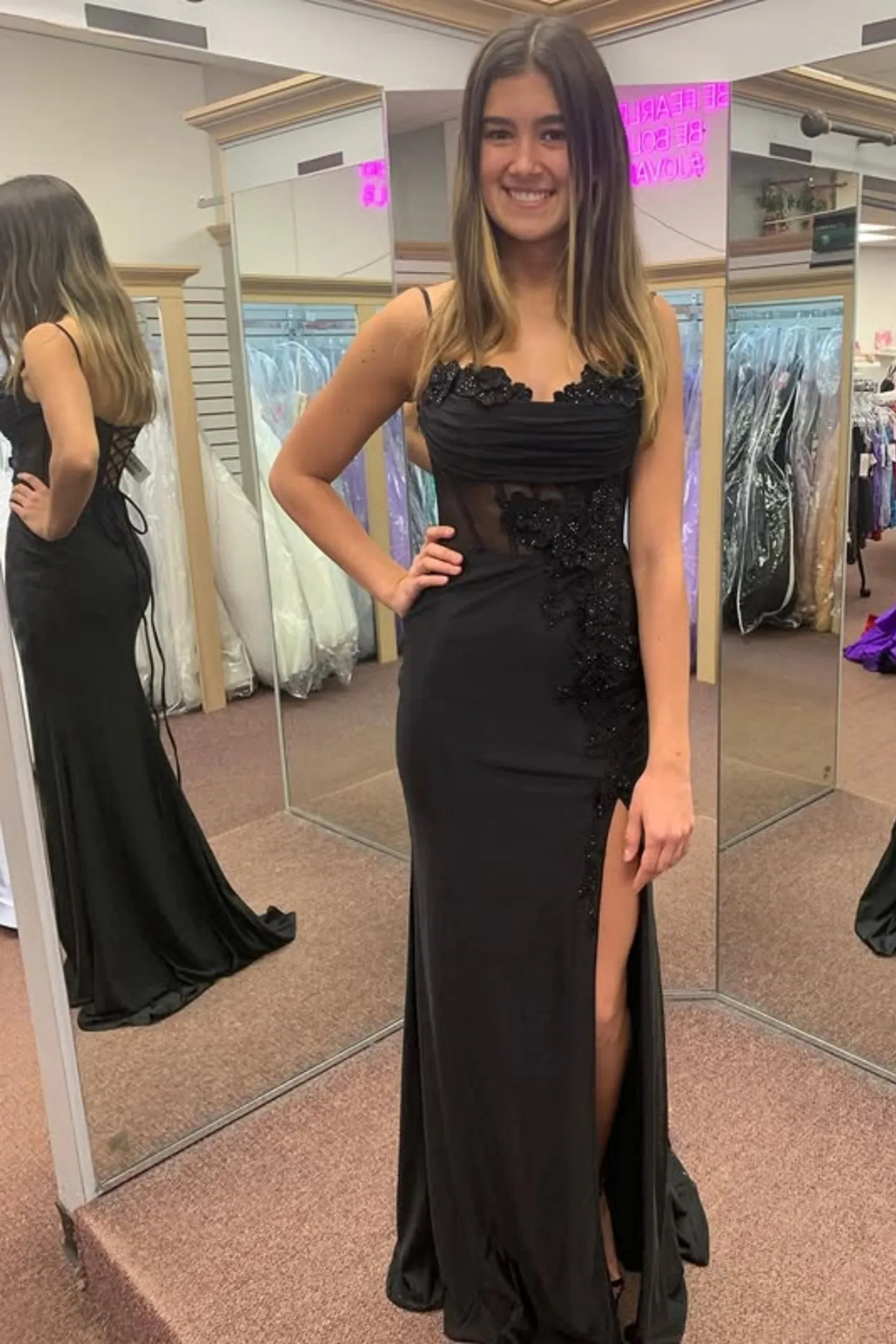 Mermaid High Slit Red/Black Lace Long Prom Dress with Appliques, Red/Black Satin Formal Graduation Evening Dress A2312