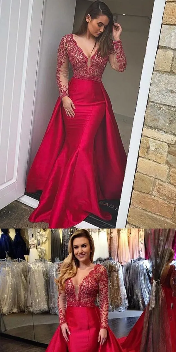 Mermaid Long Sleeves Beaded Red Lace Prom Dress ,Cheap Prom Dresses,PDY0419