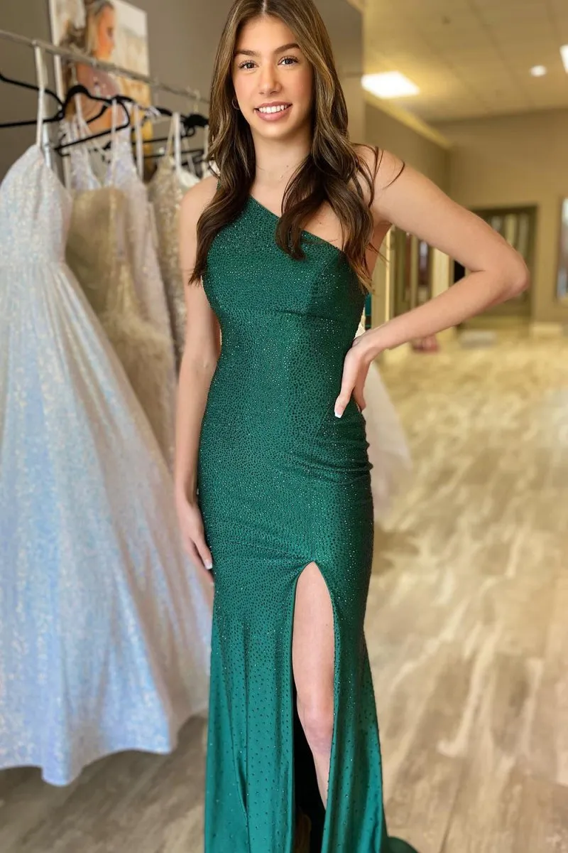 Mermaid One Shoulder Beaded Jersey Prom Dresses with Slit
