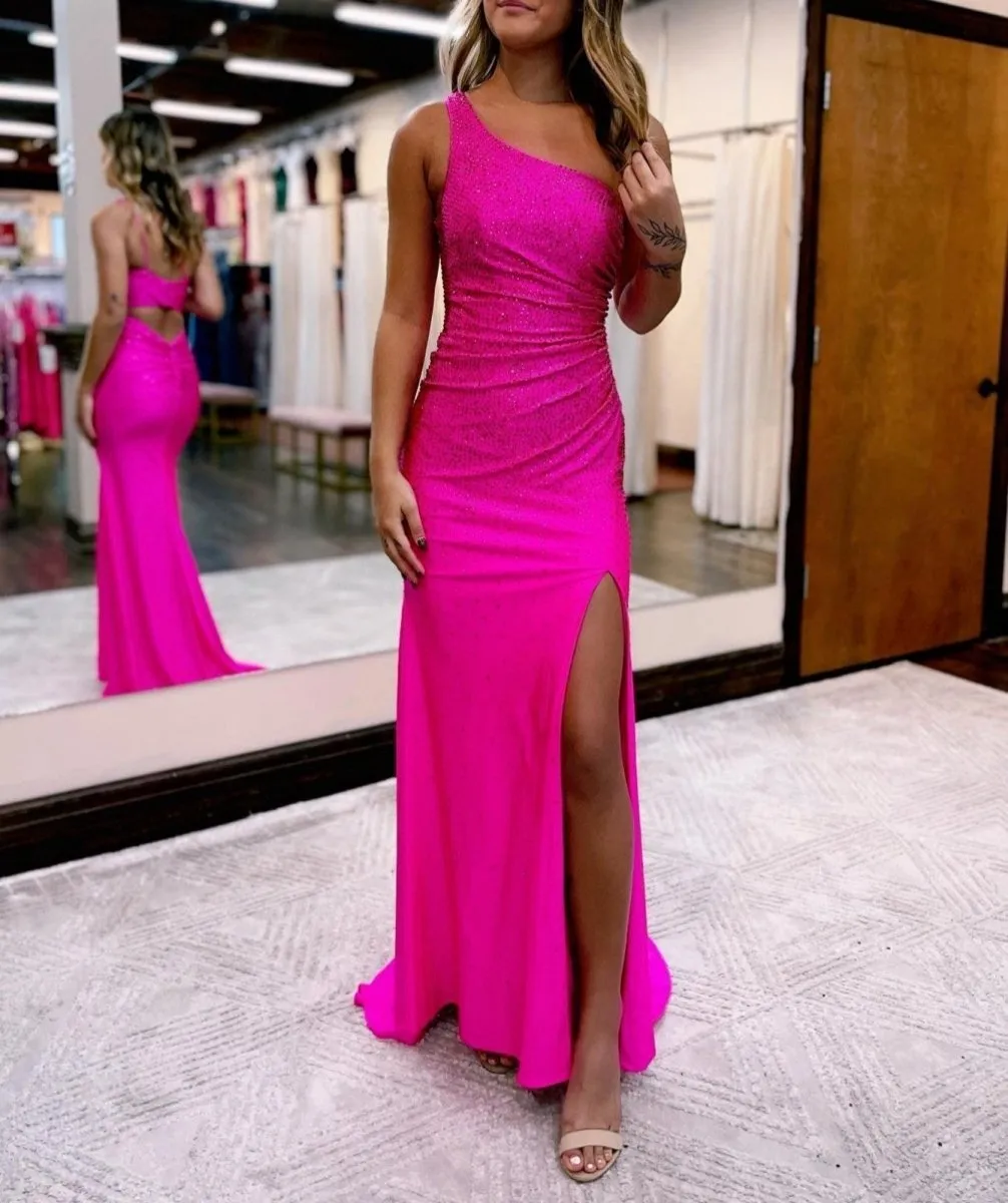 Mermaid One Shoulder Beaded Jersey Prom Dresses with Slit