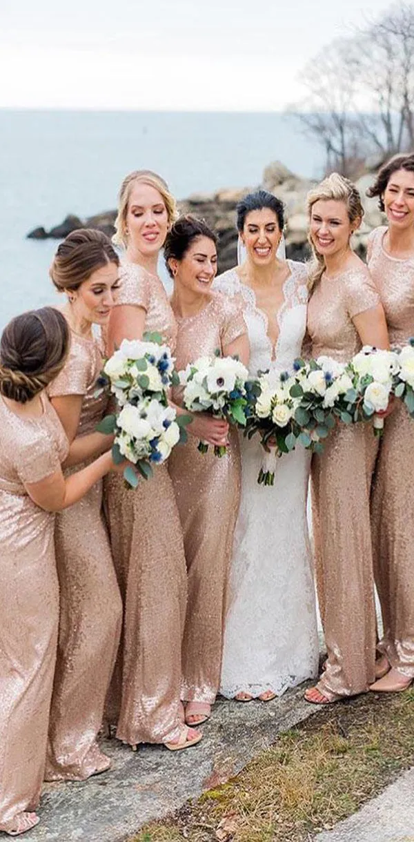 Mermaid Sparkly Simple Gorgeous  Sequins Cap Sleeves Long Bridesmaid Dresses, WG519