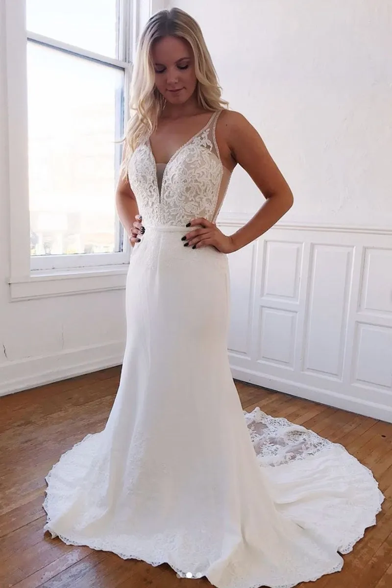 Mermaid V Neck Long Lace White Prom Dress, V Neck Mermaid Lace White Formal Graduation Evening Dress