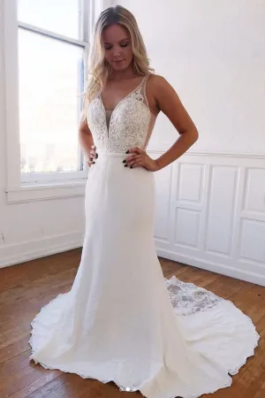Mermaid V Neck Long Lace White Prom Dress, V Neck Mermaid Lace White Formal Graduation Evening Dress