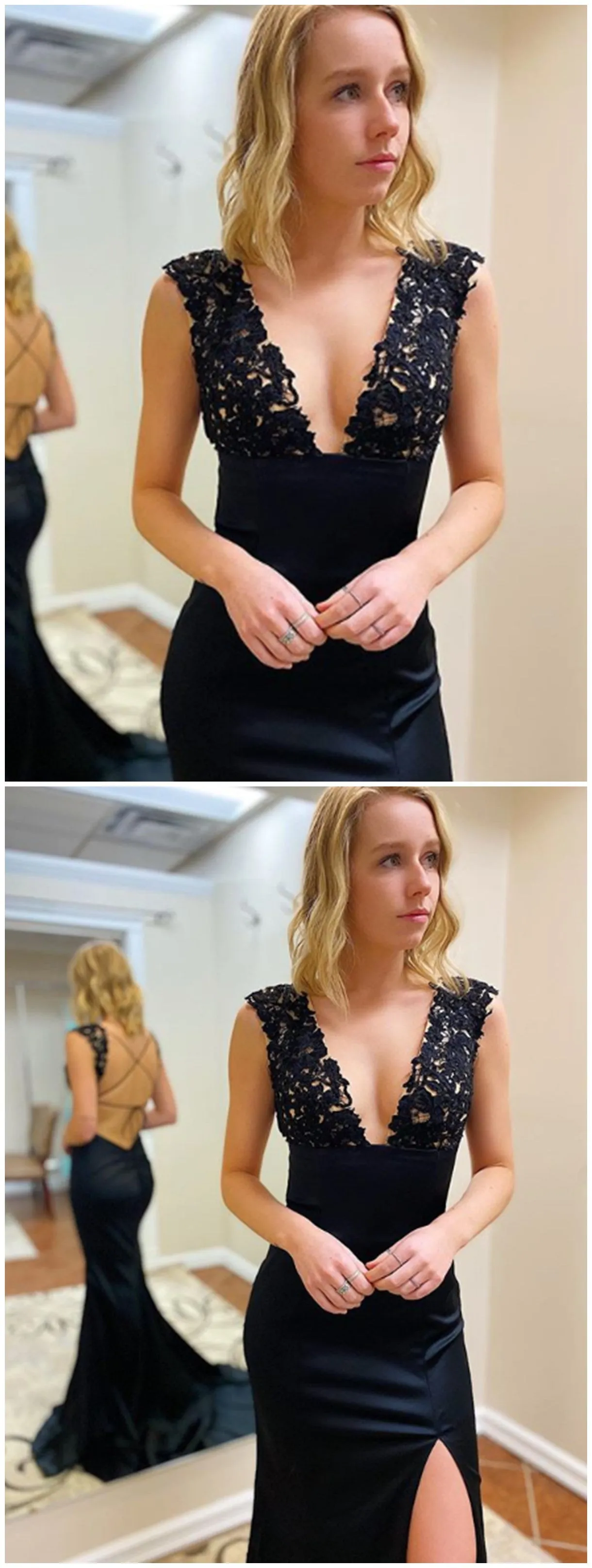 Mermaid V Neck Red/Black Satin Lace Backless Prom Dresses With Leg Slit, Lace Backless Mermaid Formal Evening Dresses