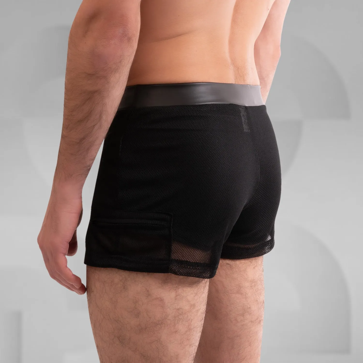 Mesh Panel Wet Look Shorts
