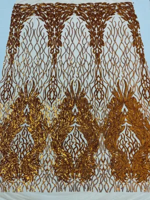 New Empire damask design with sequins embroider on a 4 way stretch mesh fabric-sold by the yard. Orange