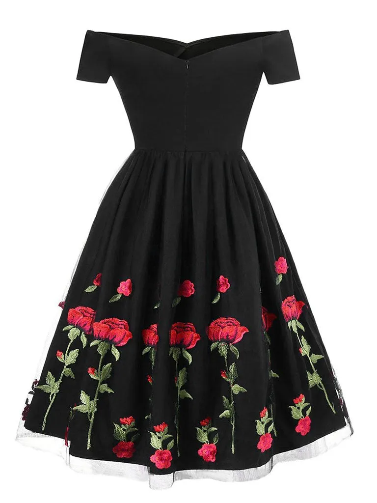 Off Shoulder 1950s Rose Embroidery Dress