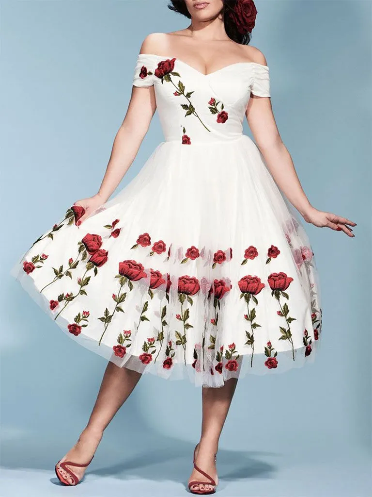 Off Shoulder 1950s Rose Embroidery Dress