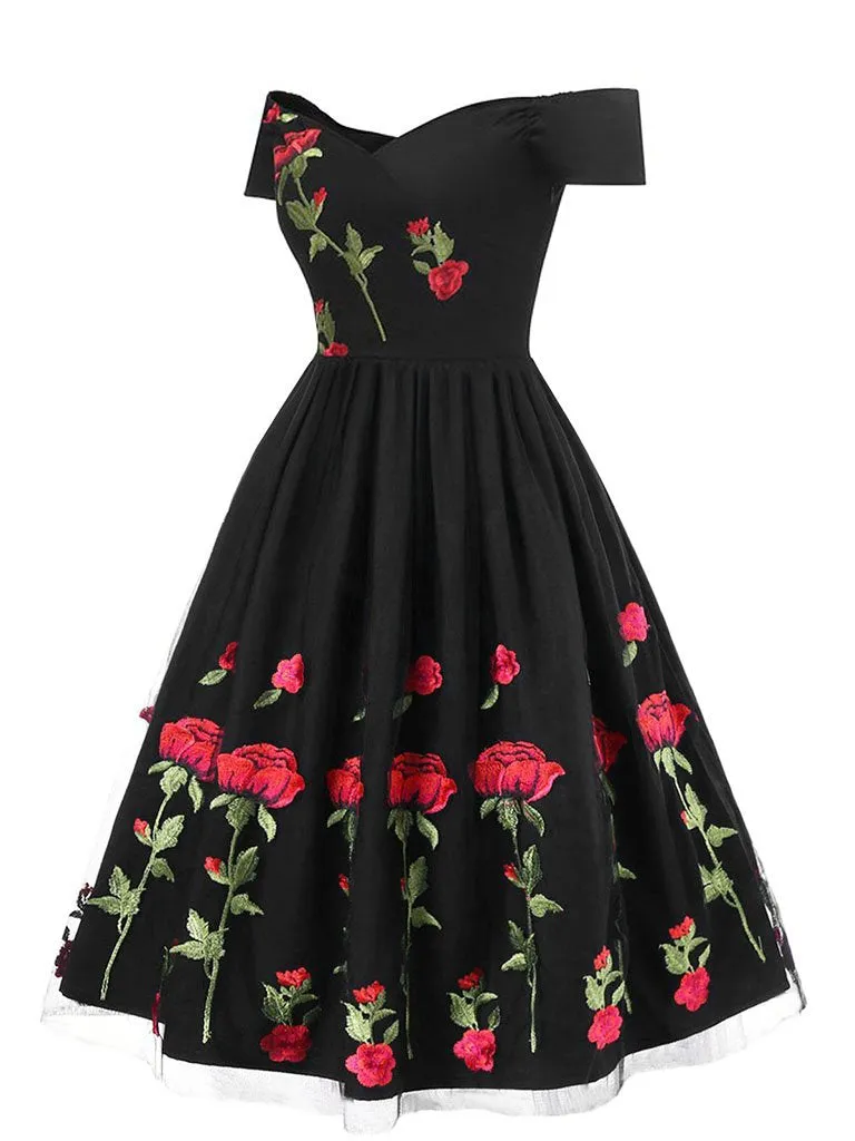 Off Shoulder 1950s Rose Embroidery Dress