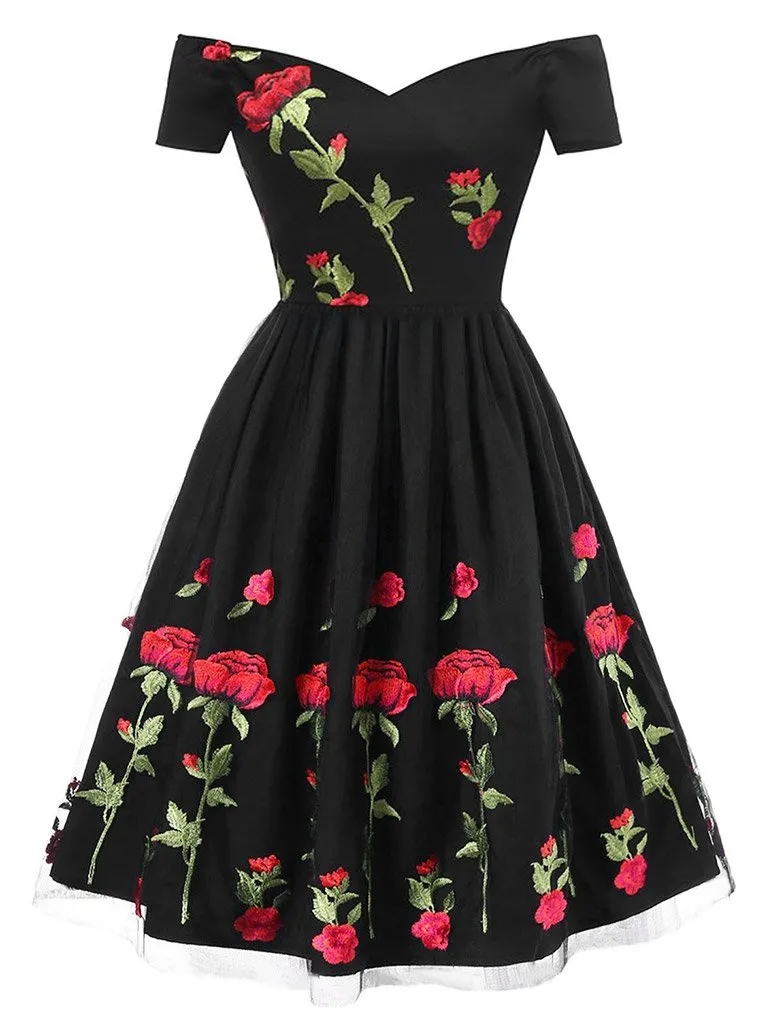 Off Shoulder 1950s Rose Embroidery Dress
