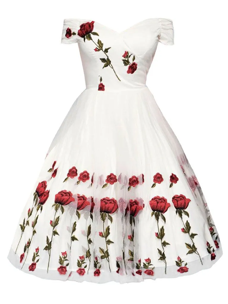 Off Shoulder 1950s Rose Embroidery Dress