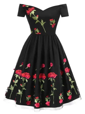 Off Shoulder 1950s Rose Embroidery Dress