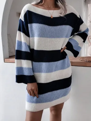 Off-Shoulder Knitted Dress with Striped Pattern