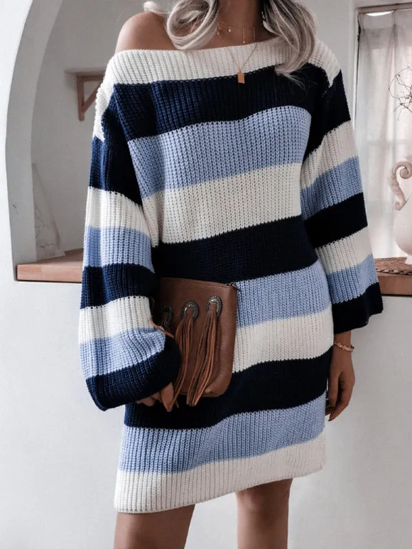 Off-Shoulder Knitted Dress with Striped Pattern