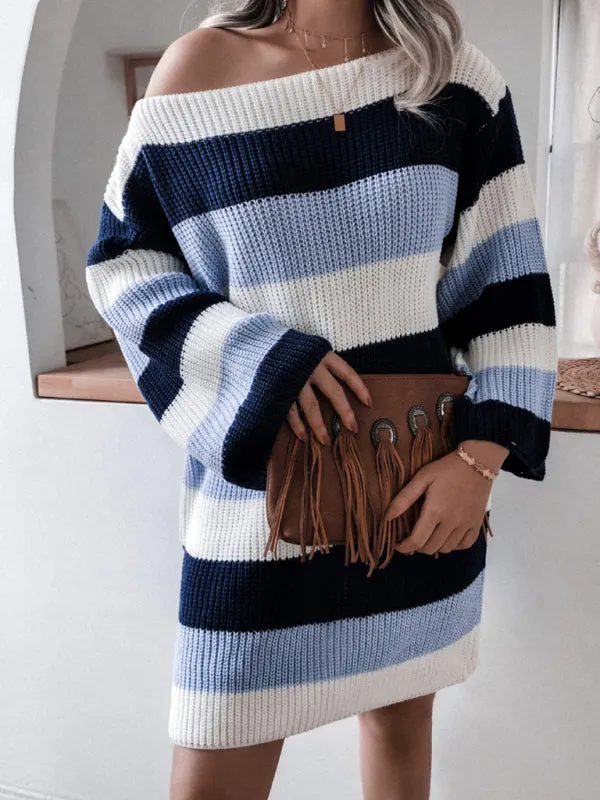 Off-Shoulder Knitted Dress with Striped Pattern