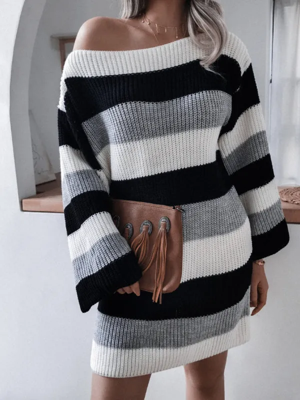 Off-Shoulder Knitted Dress with Striped Pattern