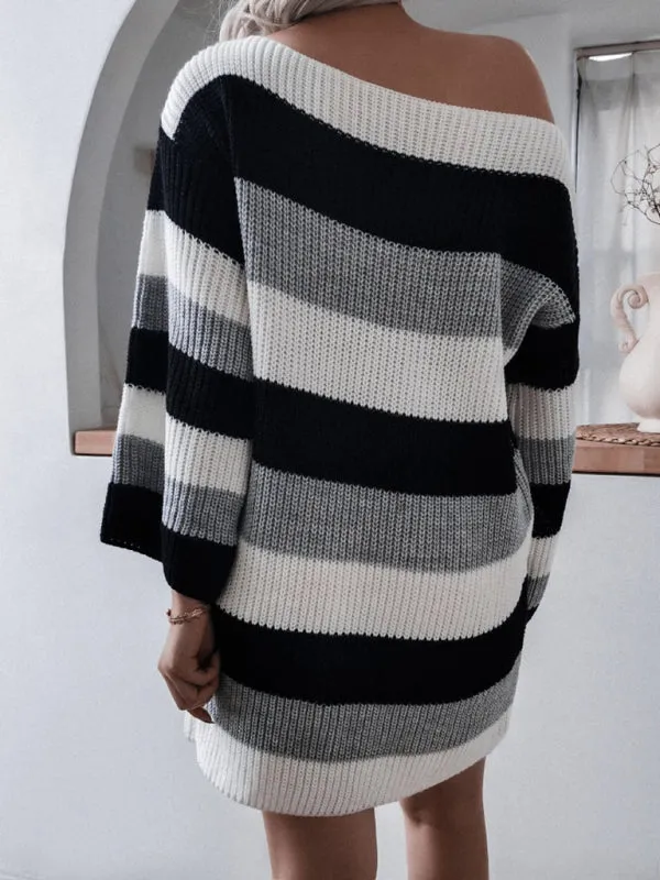Off-Shoulder Knitted Dress with Striped Pattern