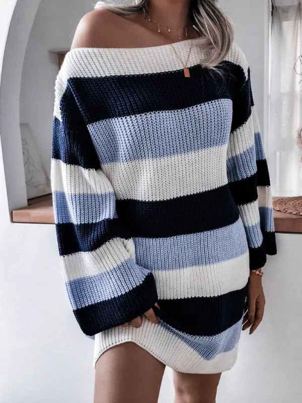 Off-Shoulder Knitted Dress with Striped Pattern