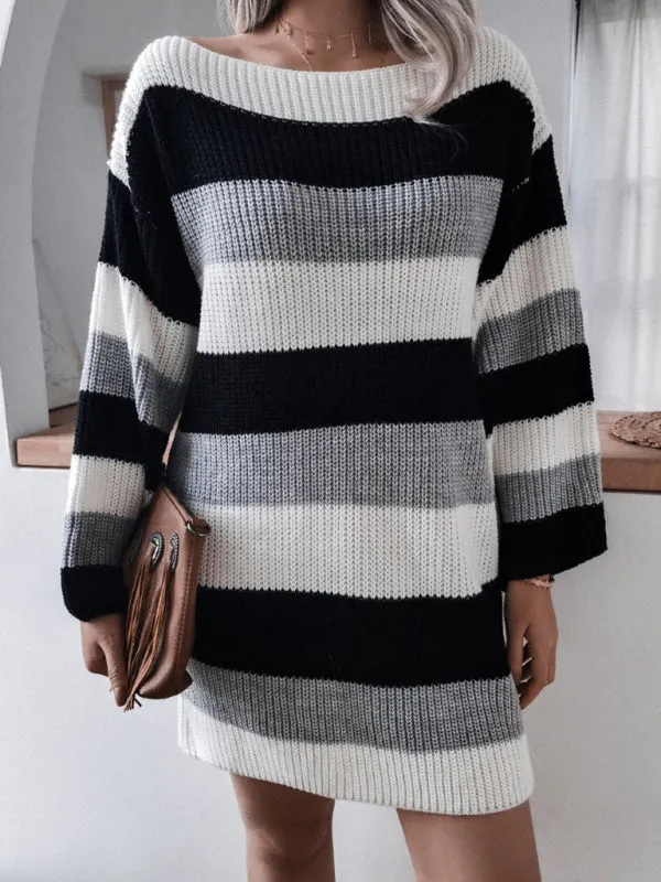 Off-Shoulder Knitted Dress with Striped Pattern
