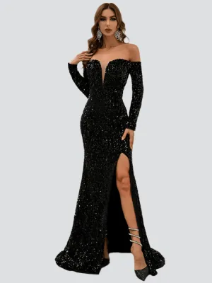 Off Shoulder Mesh Insert Split Sequin Prom Dress M0806