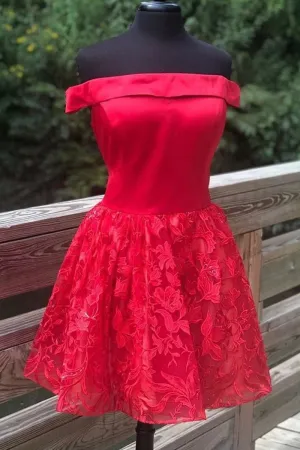 Off Shoulder Short Red Lace Prom Dress, Off Shoulder Red Lace Formal Graduation Dress, Red Lace Homecoming Dress