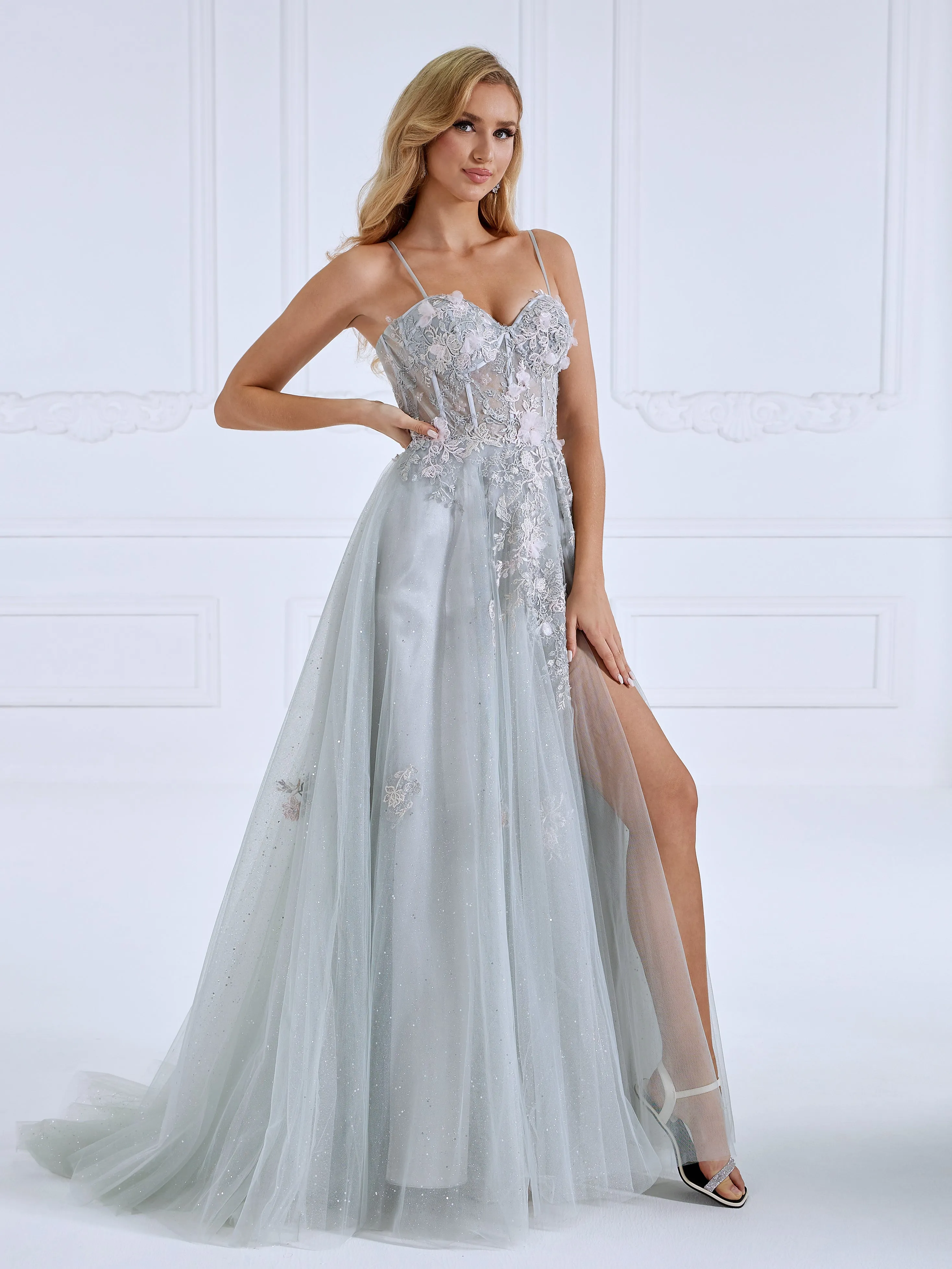 Off Shoulder Side Slit Long Dress Elegant Prom Dress with Lace Appliques #17299