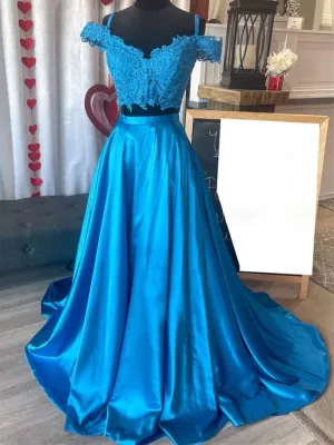 Off Shoulder Two Pieces Blue Lace Long Prom Dresses, Off the Shoulder 2 Pieces Blue Lace Formal Evening Dresses
