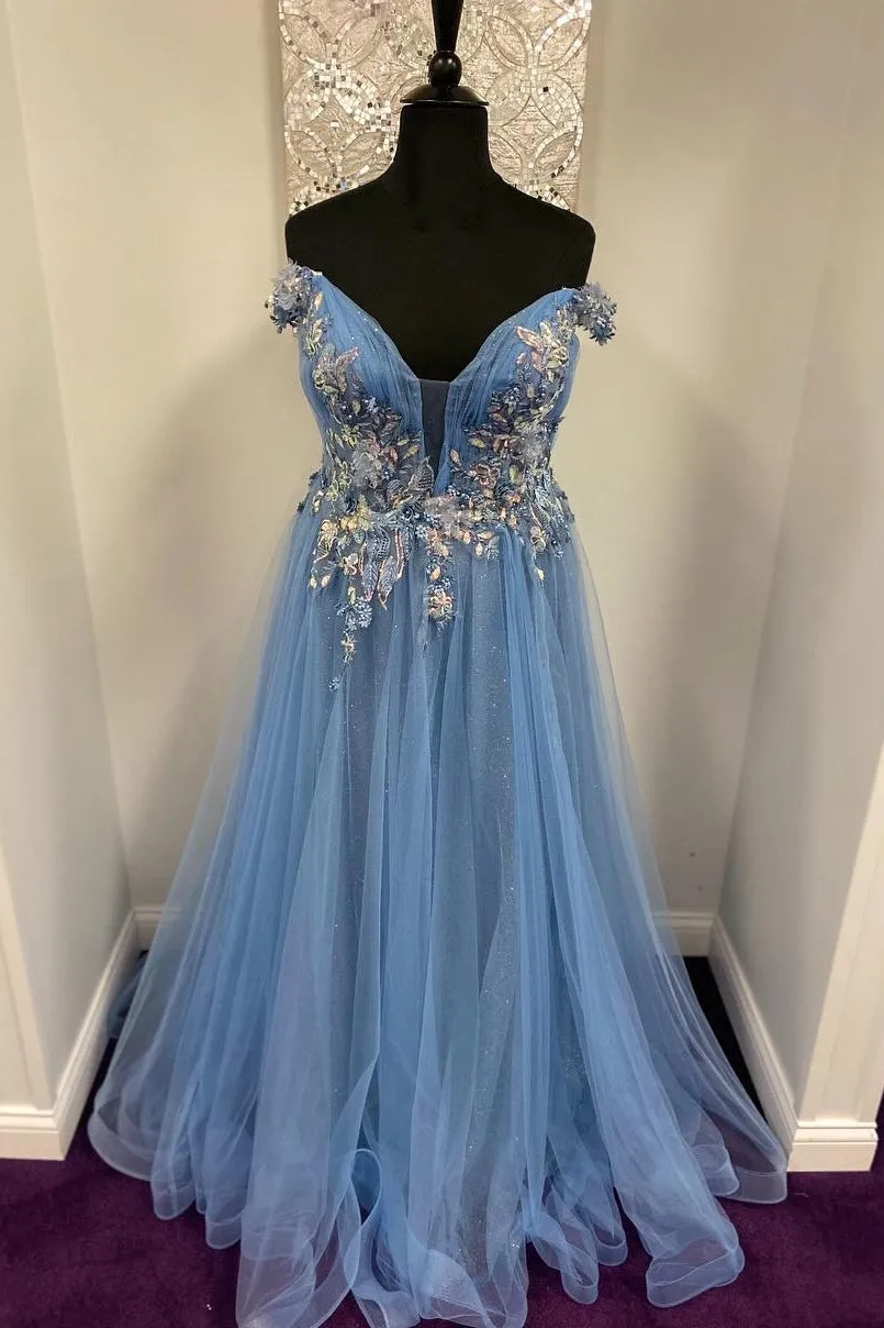Off the Shoulder Blue Floral Appliques A-line Long Formal Dress