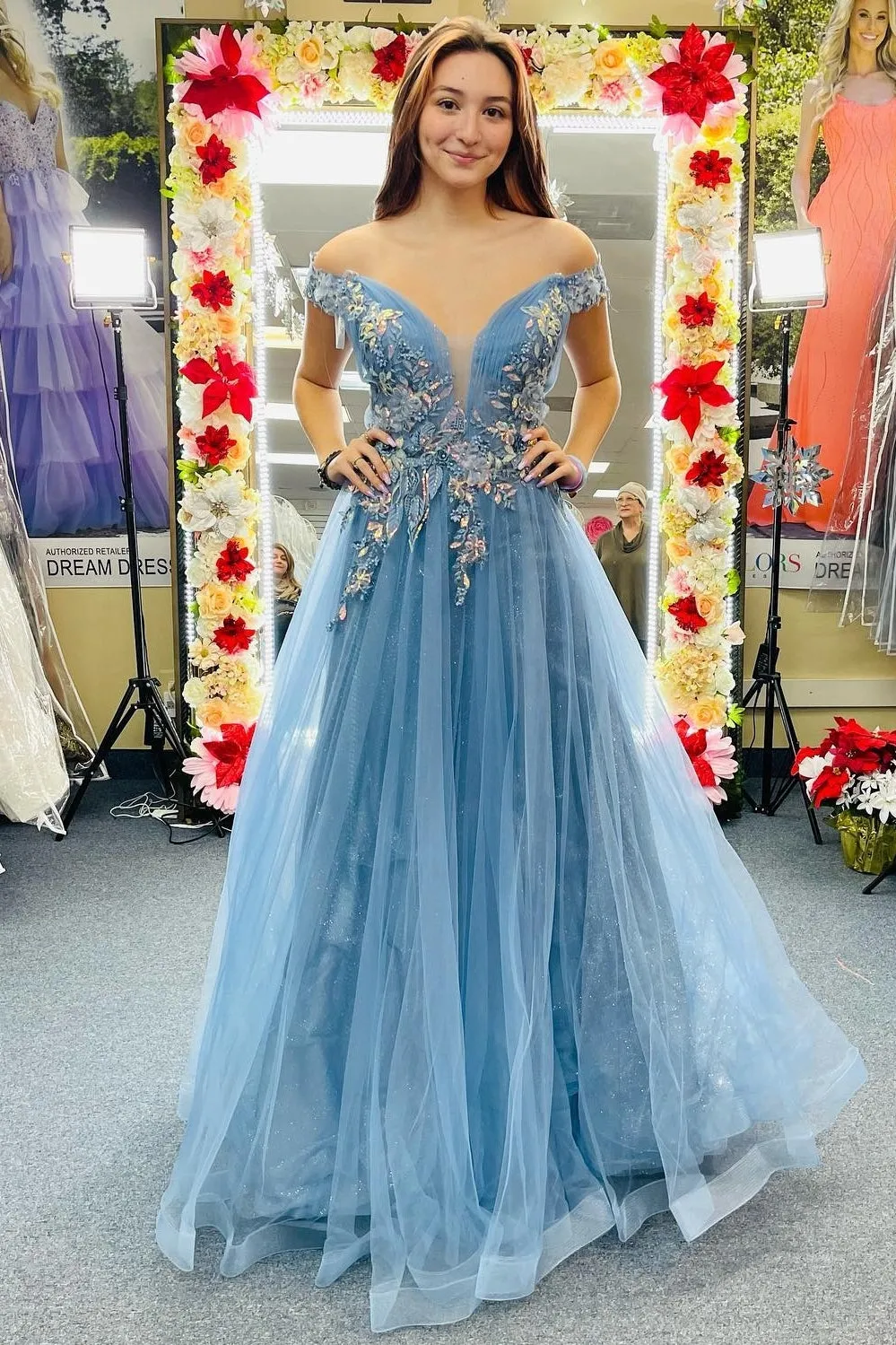 Off the Shoulder Blue Floral Appliques A-line Long Formal Dress