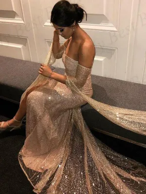 Off The Shoulder Champagne Sequin Evening Dresses,Cheap Prom Dresses,PDY0627