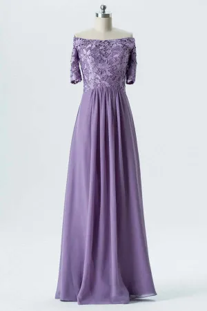 Off the Shoulder Light Purple Chiffon Long Bridesmaid Dress