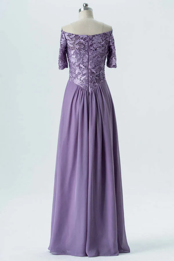 Off the Shoulder Light Purple Chiffon Long Bridesmaid Dress
