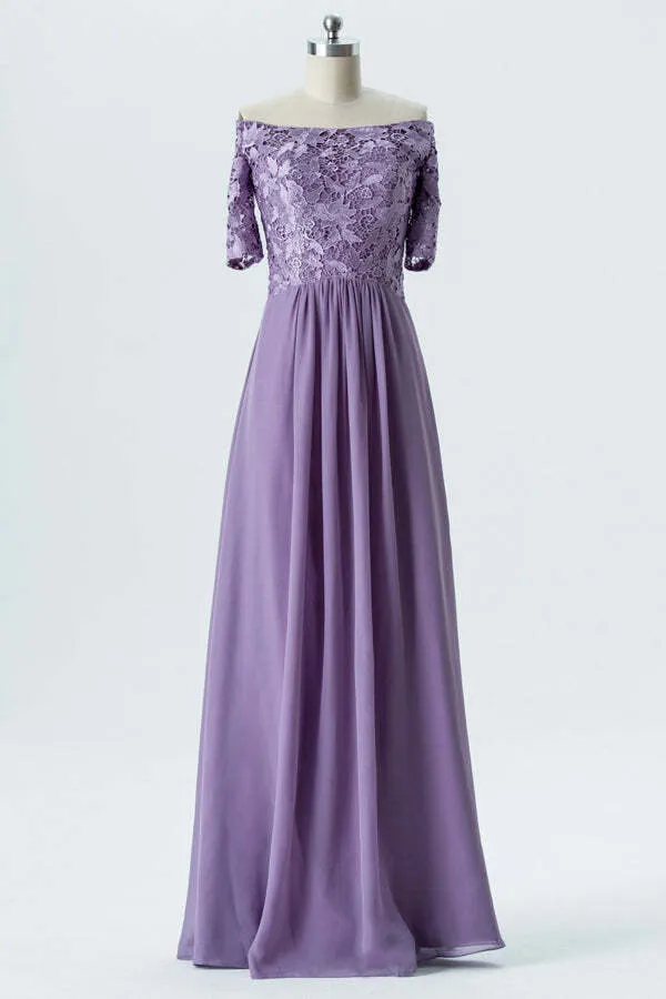 Off the Shoulder Light Purple Chiffon Long Bridesmaid Dress