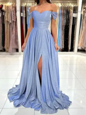 Off the Shoulder Shiny Blue Long Prom Dresses, Shiny Off Shoulder Long Formal Evening Dresses