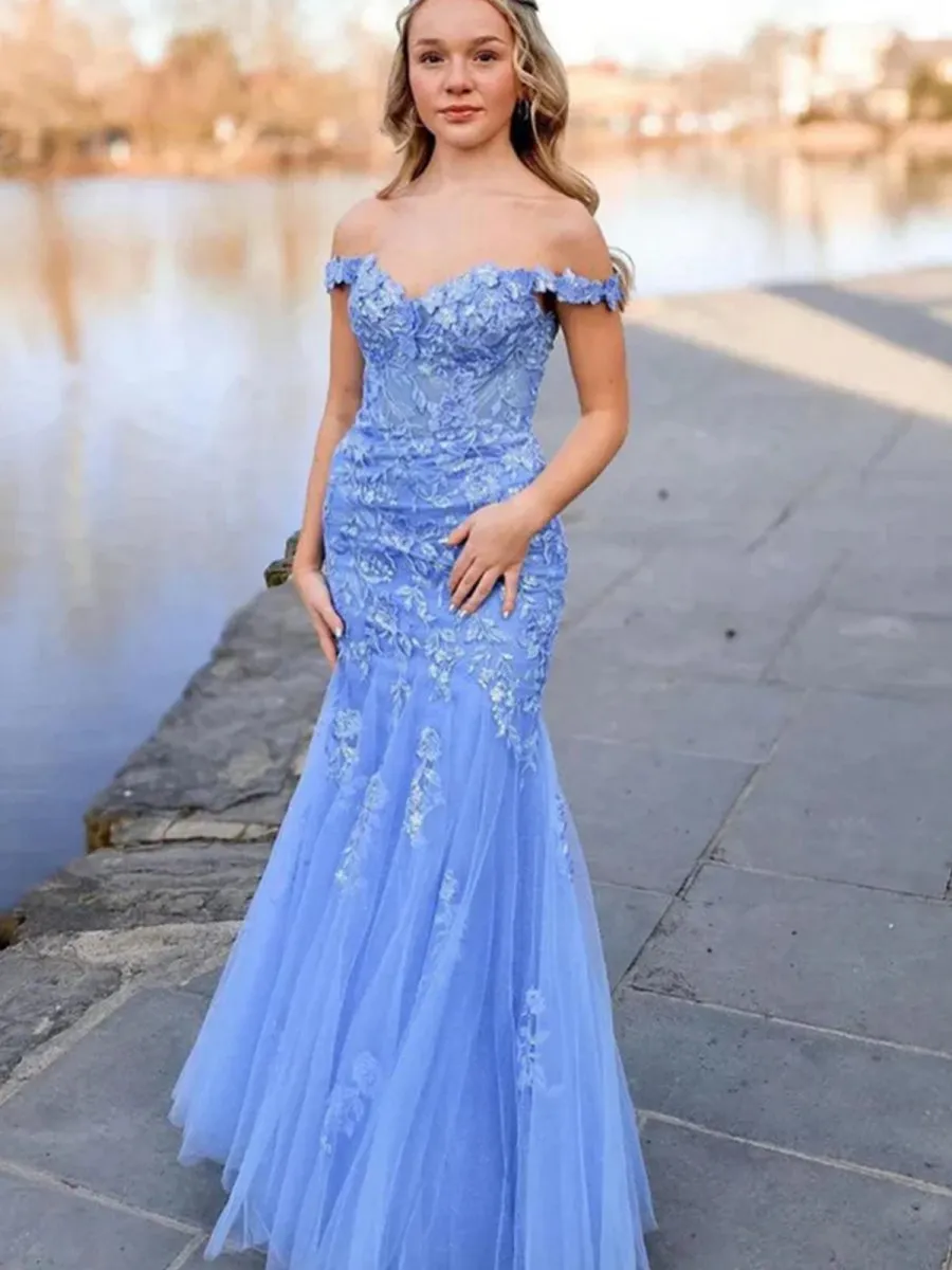 Off the Shoulder Tulle Mermaid Prom Dresses with Appliques