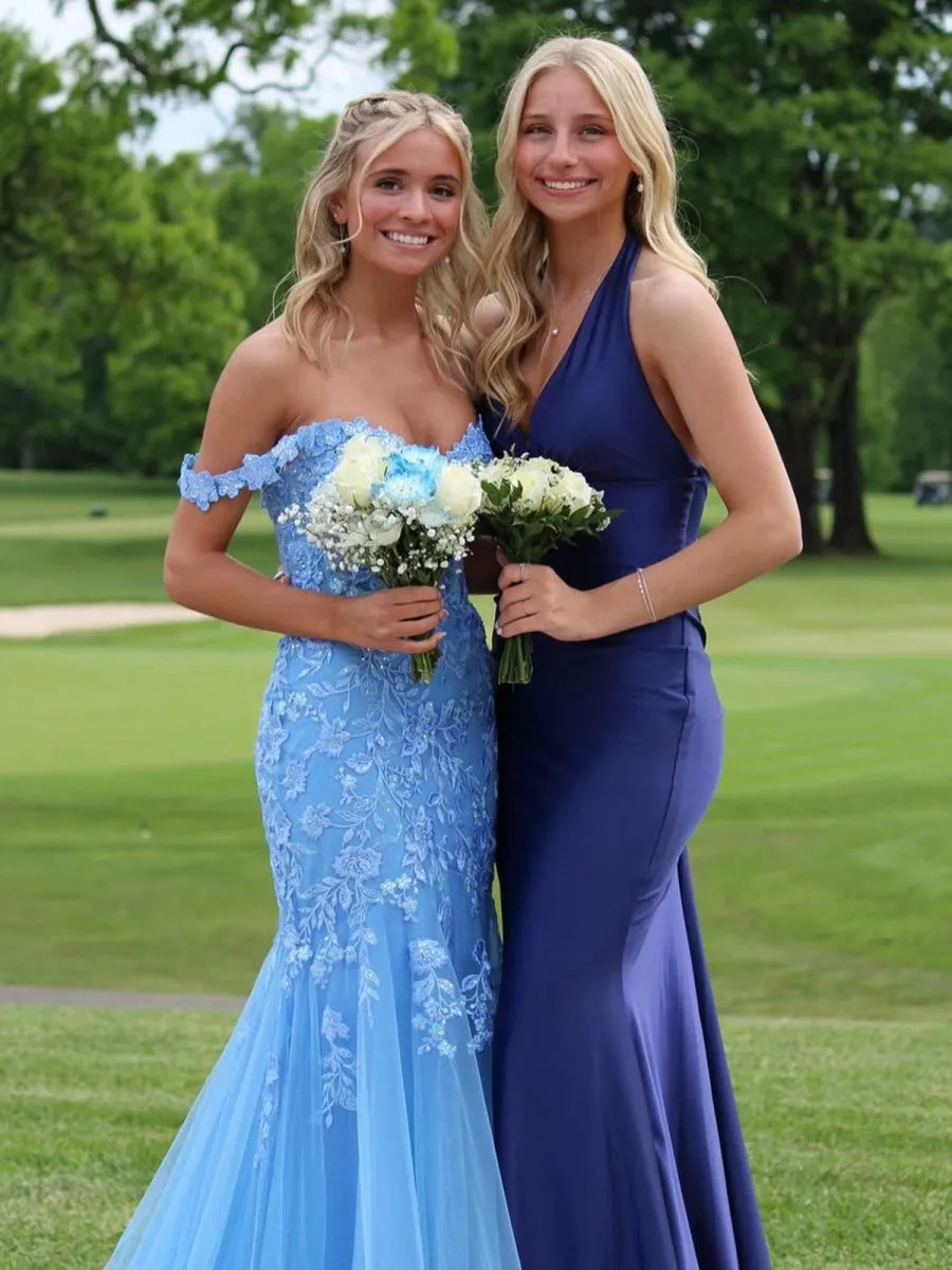 Off the Shoulder Tulle Mermaid Prom Dresses with Appliques
