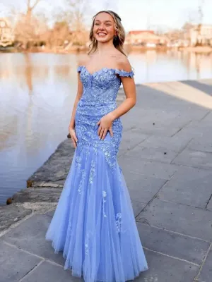 Off the Shoulder Tulle Mermaid Prom Dresses with Appliques
