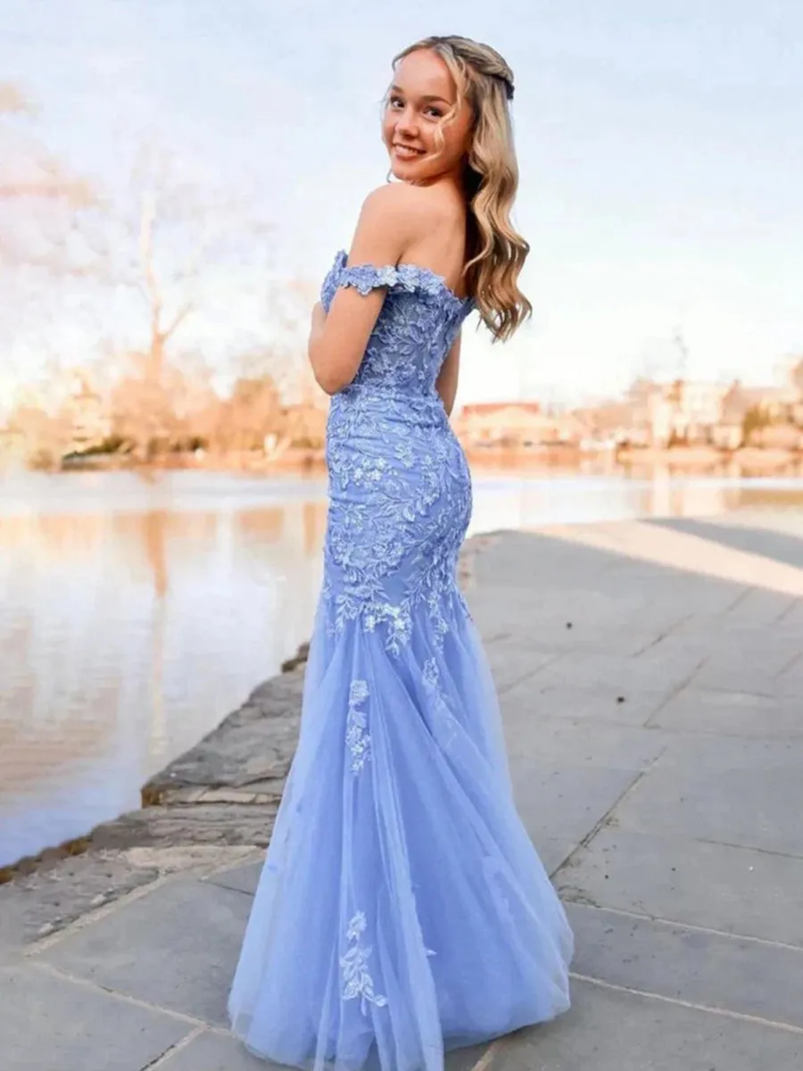 Off the Shoulder Tulle Mermaid Prom Dresses with Appliques