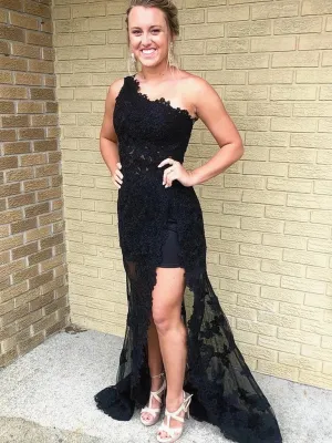 One Shoulder Black Lace Prom Dresses, One Shoulder Long Black Lace Formal Evening Dresses